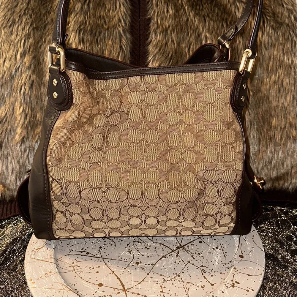 Coach Lexy Brown Tan Coach Logo Mid Sized Genuine Leather Satchel